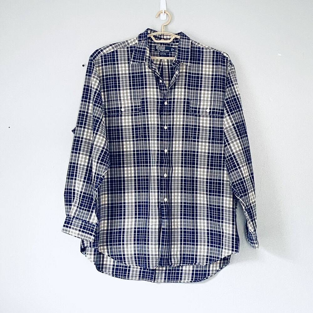 Polo Ralph Lauren Shirt XL Blue Cream Plaid Button Up Classic Eclectic Grandpa
